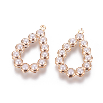 Plastic Imitation Pearl Beads Pendants, with Iron Findings, Teardrop, Light Gold, 29.5x24x5mm, Hole: 1.6mm