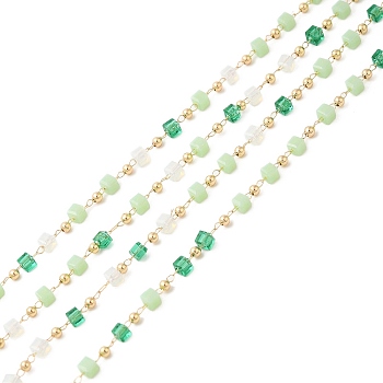 Faceted Cube Glass & Round Beaded Chains, with Light Gold Brass Findings, Soldered, Pale Green, 3.5x3.5x3.5mm, 2x2mm