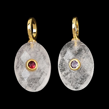 Natural Quartz Crystal Pendants, Rock Crystal Faceted Oval Charms with Brass Micro Pave Cubic Zirconia(Random Color) Findings, Golden, 27.5x13.5x6.5mm, Hole: 5.5mm