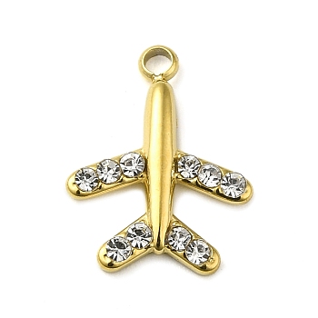 316 Surgical Stainless Steel Pendant with Rhinestone, Real 18K Gold Plated, Airplane, 14x11x2mm, Hole: 1.4mm