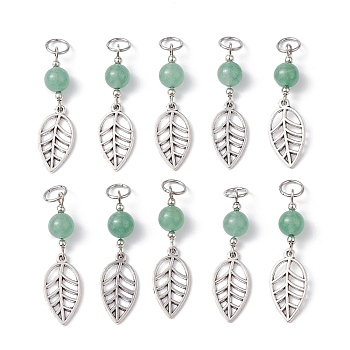 Leaf Tibetan Style Alloy Pendants, with Natural Green Aventurine Beads and 304 Stainless Steel Jump Rings, Antique Silver, 46x12mm, Hole: 6mm, 15pcs/set