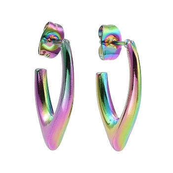 Ion Plating(IP) Rainbow Color 304 Stainless Steel V-shape Stud Earrings, Half Hoop Earrings for Women, 21.5x13x3mm, Pin: 0.9mm