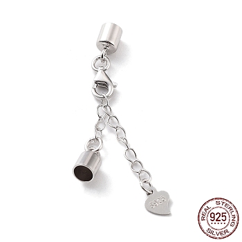 Rhodium Plated 925 Sterling Silver Curb Chain Extender, End Chains with Lobster Claw Clasps and Cord Ends, Heart Chain Tabs, with S925 Stamp, Platinum, 24mm