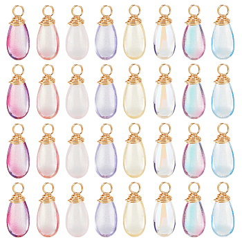 64Pcs 8 Colors Copper Wire Wrapped  Handmade Lampwork Charms, with Gold Foil, Teardrop, Light Gold, Mixed Color, 17~20mm, Hole: 3.5mm, 8pcs/color