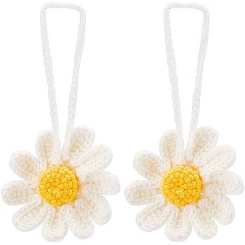 2Pcs Handmade Crochet Cotton Daisy Decoration, with Lanyard, for DIY Bag, Car and Keychain,, White, 85x85x12.5mm