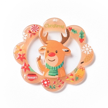 Christmas Acrylic Pendants, Flower Charm, Deer, 37.5x37.5x2.5mm, Hole: 1mm