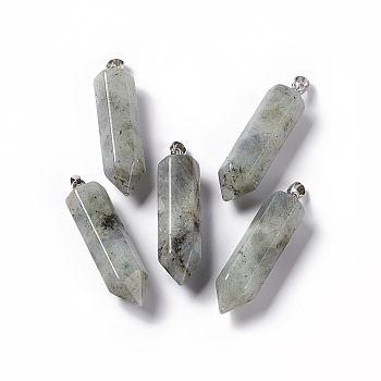 Natural Labradorite Double Terminated Pointed Pendants, with Platinum Tone Brass Findings, Bullet, 39x10x10mm, Hole: 3x6mm