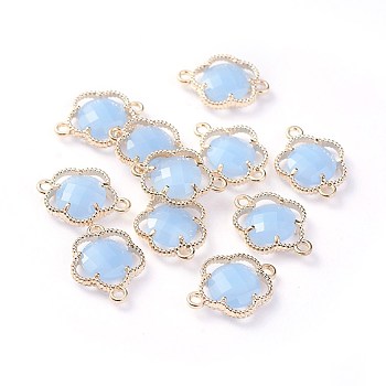Glass Links connectors, with Eco-Friendly Alloy Open Back Berzel Findings, Faceted, Flower, Light Gold, Cornflower Blue, 15.5x12x3mm, Hole: 1.4mm