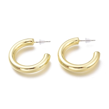 Brass Half Hoop Earrings, with Steel Pin and Plastic Ear Nuts, Long-Lasting Plated, Ring, Real 18K Gold Plated, 28.7mm, Pin: 0.6mm