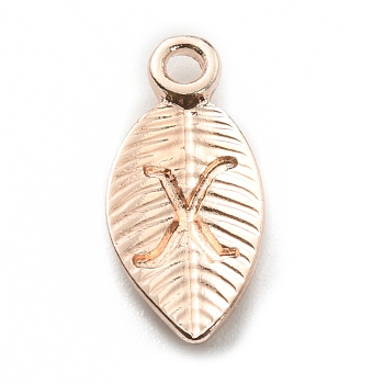 Alloy Pendants, Leaf with Letter Charm, Rose Gold, Letter.X, 15.5x7.5x2.5mm, Hole: 1.5mm