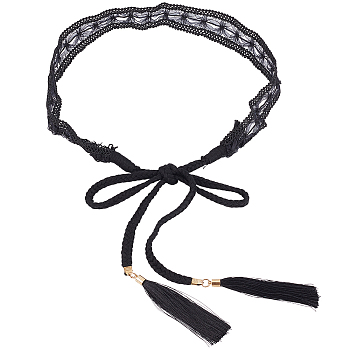 1Pc Cotton and Linen Flower Lace Tassel Waist Belly Belts, with Alloy Findings, Golden, Black, 1560x30mm