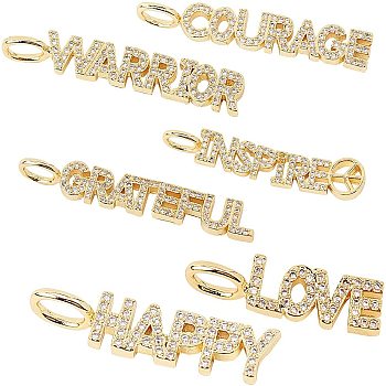 Brass Micro Pave Clear Cubic Zirconia Pendants, with Word, Clear, Golden, 6.8x5.2x1.1cm, 6pcs/box