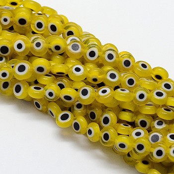 Handmade Evil Eye Lampwork Flat Round Bead Strands, Gold, 6x3mm, Hole: 1mm, about 65pcs/strand, 14 inch