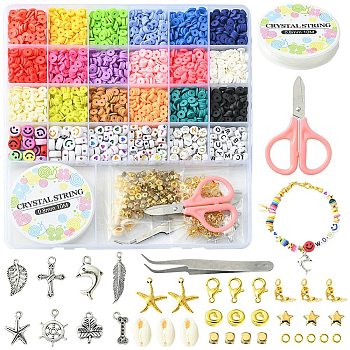 DIY Heishi Surfer Bracelet Making Kit, Including Smile Face Acrylic & Plastic Star & Polymer Clay Disc & Natural Shell Beads, Cross & Leaf & Clover & Helm Alloy & Iron Pendants, Scissors, Tweezers, Mixed Color