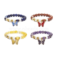 Natural Gemstone Round Beads Beaded Bracelets, Cubic Zirconia Butterfly Charm Stretch Bracelets for Women, Mixed Color, Inner Diameter: 2-1/8 inch(5.3cm)(BJEW-JB09052)