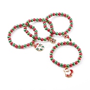 Christmas Theme Stretch Charm Bracelets for Kids, with Imitation Pearl Acrylic Round Beads and Alloy Enamel Pendants, Golden, Mixed Color, Inner Diameter: 1-7/8 inch(4.8cm)(BJEW-JB06170)