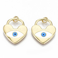 Brass Pendants, with Jump Rings and Colorful Enamel, Nickel Free, Heart Lock with Evil Eye, Real 16K Gold Plated, 20x18x2mm, Jump Ring: 5x1mm, 3mm inner diameter(KK-S313-20-NF)