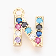 Brass Micro Pave Cubic Zirconia Charms, Letter, Golden, Letter.N, 13~14x7~10x2~2.5mm, Hole: 1.5~1.8mm(ZIRC-F089-01G-N)