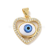 Brass Micro Pave Cubic Zirconia Pendants, with Acrylic, Cadmium Free & Lead Free, Long-Lasting Plated, Heart with Evil Eye, Real 18K Gold Plated, Royal Blue, 17.5x17x5mm, Hole: 4x3.5mm(KK-B059-43G-A)