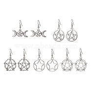 Antique Silver Alloy Dangle Earrings, Hollow Pentagon Star, Mixed Shapes, 32~46x23.5~30mm(EJEW-JE05551)