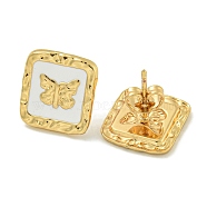 Square with Butterfly Ion Plating(IP) 304 Stainless Steel Stud Earrings, with Enamel for Women, Polishing, White, 13.5x12.5mm(EJEW-G400-17G-02)