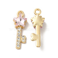 Rack Plating Alloy Rhinestone Pendants, Nickel Free, with Glass, Star Key Charms, Golden, Pink, 24x8.5x5.5mm, Hole: 2mm(PALLOY-O106-12G-02)