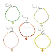 Alloy Flower Charm Bracelet with Glass Seed Bead Chains for Women, Mixed Color, 9-1/4 inch(23.5cm)(BJEW-JB09681)