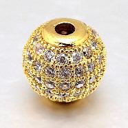 Round Brass Micro Pave Cubic Zirconia Beads, Clear, Real 18K Gold Plated, 12mm, Hole: 2mm(ZIRC-N016-01G-12mm)