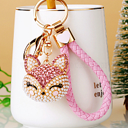 Full Rhinestone Pearl Fox Head Pendant Keychain, with Zinc Alloy Findings and Polyester Cord, for Women's Bag Pendant Decorations, Pink, 100mm(WG98948-02)