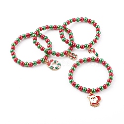 Christmas Theme Stretch Charm Bracelets for Kids, with Imitation Pearl Acrylic Round Beads and Alloy Enamel Pendants, Golden, Mixed Color, Inner Diameter: 1-7/8 inch(4.8cm)(BJEW-JB06170)