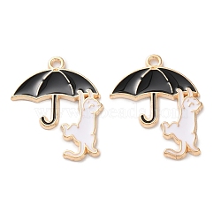 Alloy Enamel Pendants, Light Gold, Cat with Umbrella Charm, Black, 27.5x20x1.5mm, Hole: 1.5mm(ENAM-Z022-02A)