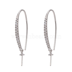 Anti-Tarnish Rhodium Plated 925 Sterling Silver Micro Pave Cubic Zirconia Earring Hooks, For Half-drilled Beads, Platinum, 30~32x2mm, 22 Gauge, Pin: 0.6mm and 0.7mm(STER-F041-88P)