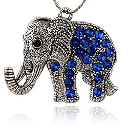 Tibetan Style Alloy Rhinestone Big Pendants, Cadmium Free & Lead Free, Elephant, Antique Silver, Sapphire, 43x51x5.5mm, Hole: 3.5mm(ALRI-L048-05AS)