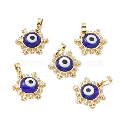 Handmade Evil Eye Lampwork Pendants, with Rack Plating Real 18K Gold Plated Brass Findings, Long-Lasting Plated, Snowflake Charm, Medium Blue, 15x14x4mm, Hole: 4x6.5mm(LAMP-G157-04G-10)