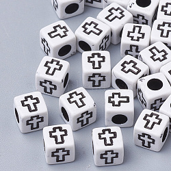 Craft Style Acrylic Beads, Cube with Cross, White, 6x6x6mm, Hole: 3mm, about 3000pcs/500g(MACR-Q226-01D)