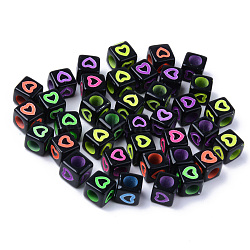 Opaque Black Acrylic European Beads, Large Hole Beads, Cube with Heart, Mixed Color, 7x7x7mm, Hole: 4mm, about 1900~2000pcs/500g(MACR-S273-51-02)