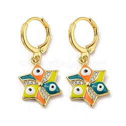 Real 18K Gold Plated Brass Dangle Leverback Earrings, with Enamel and Cubic Zirconia, Evil Eye, Yellow, 30.5x13mm(EJEW-A033-19G-05)