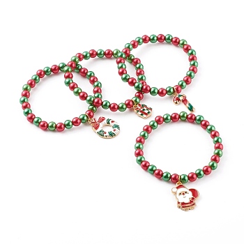 Christmas Theme Stretch Charm Bracelets for Kids, with Imitation Pearl Acrylic Round Beads and Alloy Enamel Pendants, Golden, Mixed Color, Inner Diameter: 1-7/8 inch(4.8cm)