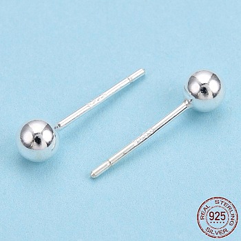 925 Sterling Silver Round Ball Stud Earrings, Silver, 4mm, Pin: 0.8mm