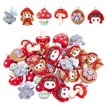 CHGCRAFT 36Pcs 6 Styles Opaque Resin Pendants, with Platinum Tone Iron Loops, Wolf & Girl & Mushroom & Flower Basket Charm, Mixed Shapes, Mixed Color, 25~32x20.5~25x6~10.5mm, Hole: 2mm, 6pcs/style