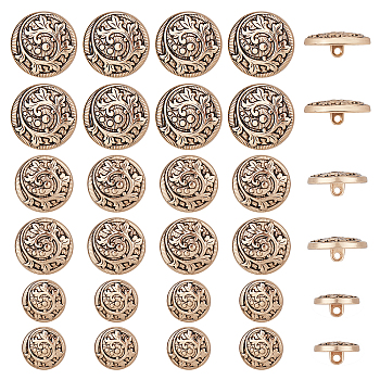 CHGCRAFT 30Pcs 3 Style Alloy Shank Buttons, 1-Hole, Flat Round with Leaf Pattern, Light Gold, 15~23x3~4mm, Hole: 2mm,  10pcs/style