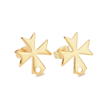 304 Stainless Steel Stud Earring Findings, with 201 Stainless Steel Ear Nuts, Cross, Real 24K Gold Plated, 15x13mm, Hole: 1.7mm, Pin: 0.8mm