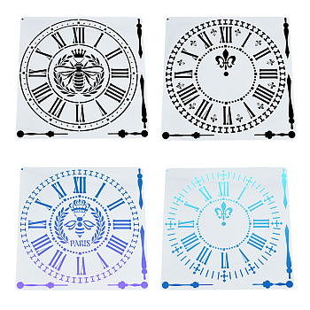 Plastic Drawing Stencil, Drawing Scale Template, For DIY Scrapbooking, Clock Pattern, Clear, 305x305x0.5mm, 4styles, 1pc/style, 4pcs/set