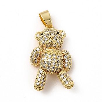 Rack Plating Brass Micro Pave Cubic Zirconia Pendants, Cadmium Free & Lead Free, Real 18K Gold Plated, Mechanical Charm, Bumpy Bear Charm, Clear, 28.5x18.5x10mm, Hole: 8x5mm