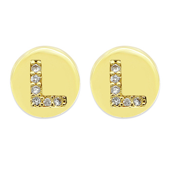 Brass Micro Pave Clear Cubic Zirconia Beads, Flat Round with Letter, Letter.L, 7.5x6.5mm, Hole: 3.5mm, 3pcs/bag