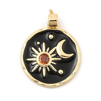 Rack Plating Brass Rhinestone Pendants, with Enamel, Flat Round with Moon & Sun Charm, Real 18K Gold Plated, Black, 21x18x2.5mm, Hole: 3.5x2mm