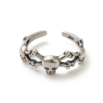 Thailand Sterling Silver Skull Spider Open Cuff Finger Ring, Gothic Jewelry for Women, Antique Silver, US Size 6(16.5mm)