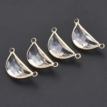 Glass Links Connectors, with Light Gold Plated Brass, Faceted, Moon, Clear, 29x13~14x7mm, Hole: 2mm