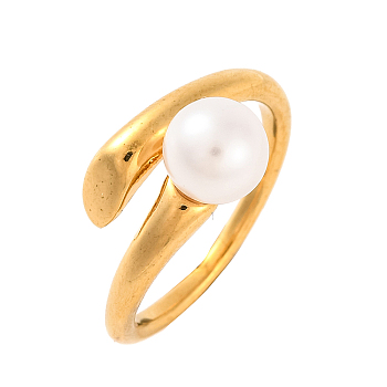 Ion Plating(IP) 304 Stainless Steel Cuff Finger Rings for Women, with Round Plastic Imitation Pearl, Golden, US Size 7(17.3mm)