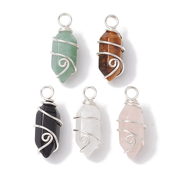 Natural Mixed Stone Copper Wire Wrapped Pointed Pendants, Chunk Faceted Bullet Charms, Silver, 25~27x10~10.5x10.5mm, Hole: 3.5mm